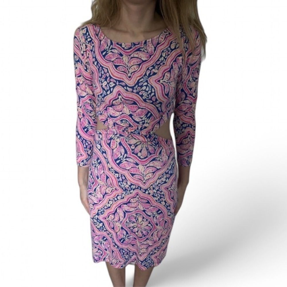 Lilly Pulitzer Pippa cutout dress, XS. Boho/hippie/1960s style. Pink and blue